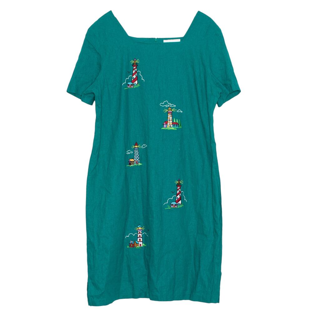 Vintage Dress Linen Blend Embroidered Lighthouse Nautical Coastal Grandma Teal L